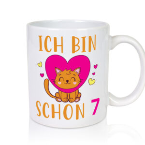 Ich bin schon 7 | Katze | Herzchen - Tasse Weiss - Kaffeetasse / Geschenk / Familie