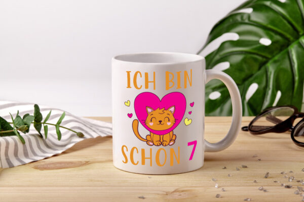 Ich bin schon 7 | Katze | Herzchen - Tasse Weiss - Kaffeetasse / Geschenk / Familie