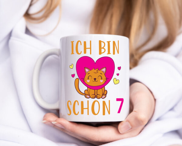 Ich bin schon 7 | Katze | Herzchen - Tasse Weiss - Kaffeetasse / Geschenk / Familie