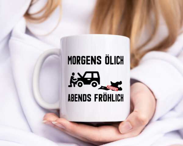 Morgens ölich abends fröhlich | Mechaniker | Werkstatt - Tasse Weiss - Kaffeetasse / Geschenk / Familie