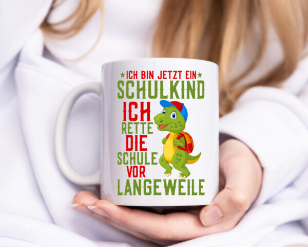 Schulkind | Langeweile | Schulbeginn | Comic | Dinosaurier - Tasse Weiss - Kaffeetasse / Geschenk / Familie