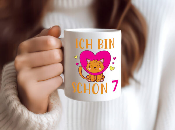 Ich bin schon 7 | Katze | Herzchen - Tasse Weiss - Kaffeetasse / Geschenk / Familie