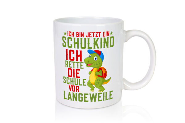 Schulkind | Langeweile | Schulbeginn | Comic | Dinosaurier - Tasse Weiss - Kaffeetasse / Geschenk / Familie