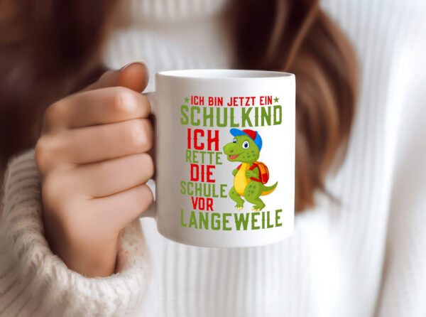 Schulkind | Langeweile | Schulbeginn | Comic | Dinosaurier - Tasse Weiss - Kaffeetasse / Geschenk / Familie