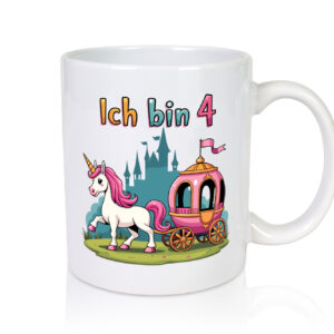 4. Geburtstag | Prinzessin in Kutsche | Einhorn - Tasse Weiss - Kaffeetasse / Geschenk / Familie