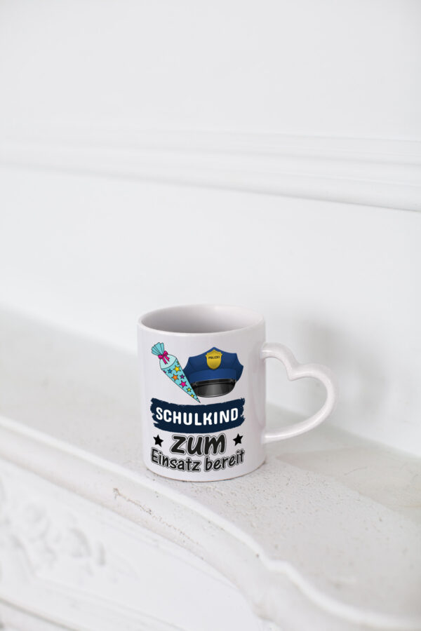 Schulkind bereit | Einschulung Tasse | Polizei | Jungs - Herzhenkel Tasse - Kaffeetasse / Geschenk / Familie