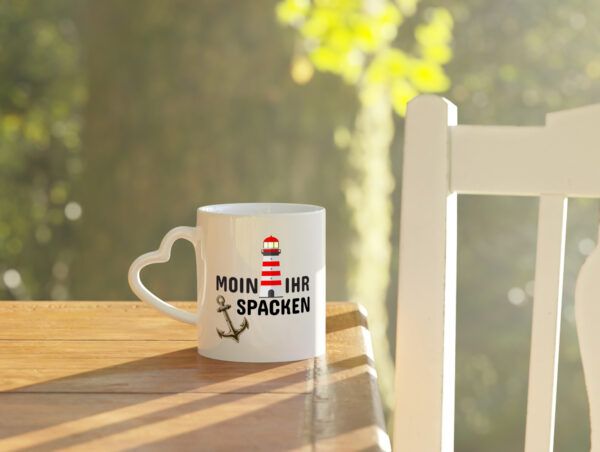 Moin Ihr Spacken | Norddeutscher Tasse | Leuchtturm - Herzhenkel Tasse - Kaffeetasse / Geschenk / Familie