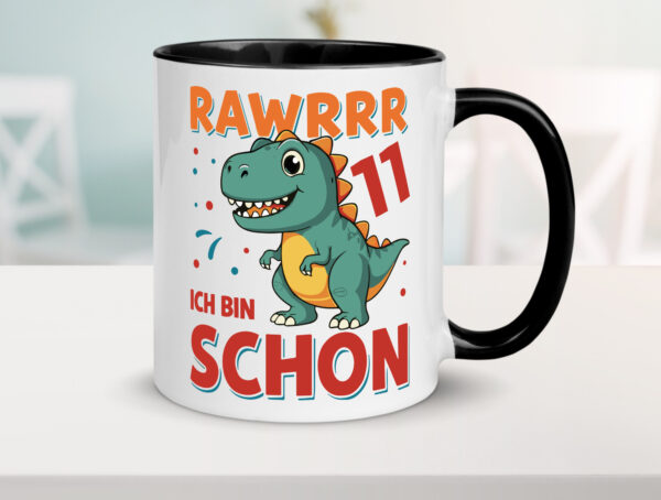 11. Geburtstag | 11 Jahre | Raw Raw ich bin schon 11 | T-Rex Farbige Tasse - Kaffeetasse / Geschenk / Familie