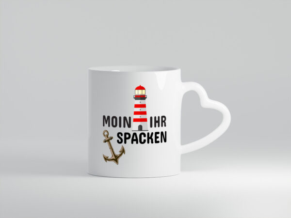 Moin Ihr Spacken | Norddeutscher Tasse | Leuchtturm - Herzhenkel Tasse - Kaffeetasse / Geschenk / Familie