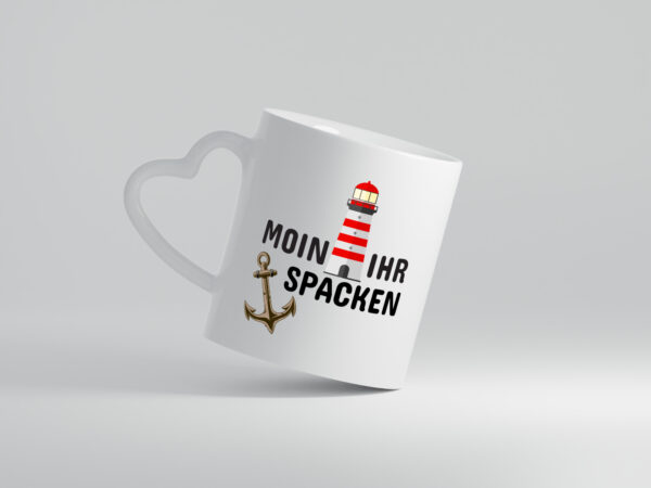 Moin Ihr Spacken | Norddeutscher Tasse | Leuchtturm - Herzhenkel Tasse - Kaffeetasse / Geschenk / Familie