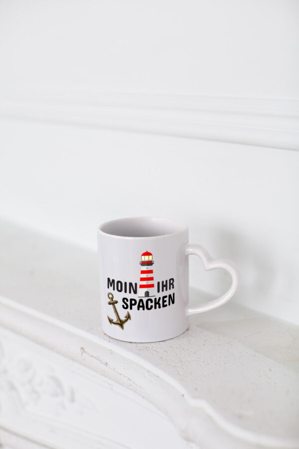 Moin Ihr Spacken | Norddeutscher Tasse | Leuchtturm - Herzhenkel Tasse - Kaffeetasse / Geschenk / Familie