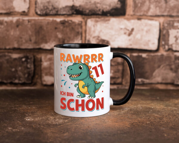 11. Geburtstag | 11 Jahre | Raw Raw ich bin schon 11 | T-Rex Farbige Tasse - Kaffeetasse / Geschenk / Familie