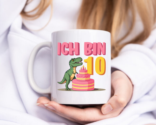 10 Geburtstag | 10 Jahre | Dinosaurier mit Kuchen - Tasse Weiss - Kaffeetasse / Geschenk / Familie