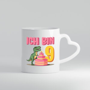 9 Geburtstag | 9 Jahre | Dinosaurier mit Kuchen - Herzhenkel Tasse - Kaffeetasse / Geschenk / Familie