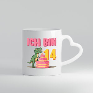 14 Geburtstag | 14 Jahre | Dinosaurier mit Kuchen - Herzhenkel Tasse - Kaffeetasse / Geschenk / Familie