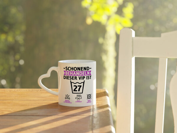 27 Geburtstag | schonend behandeln | 27 Jahre - Herzhenkel Tasse - Kaffeetasse / Geschenk / Familie