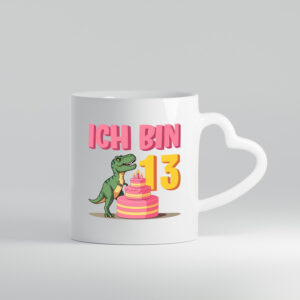 13 Geburtstag | 13 Jahre | Dinosaurier mit Kuchen - Herzhenkel Tasse - Kaffeetasse / Geschenk / Familie