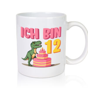 12 Geburtstag | 12 Jahre | Dinosaurier mit Kuchen - Tasse Weiss - Kaffeetasse / Geschenk / Familie