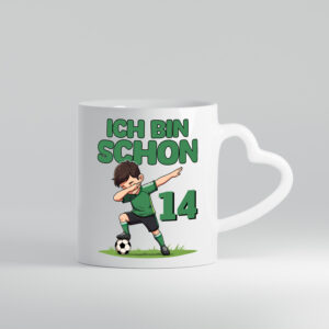 14. Geburtstag | 14 Jahre | Fußballer - Herzhenkel Tasse - Kaffeetasse / Geschenk / Familie