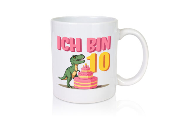 10 Geburtstag | 10 Jahre | Dinosaurier mit Kuchen - Tasse Weiss - Kaffeetasse / Geschenk / Familie