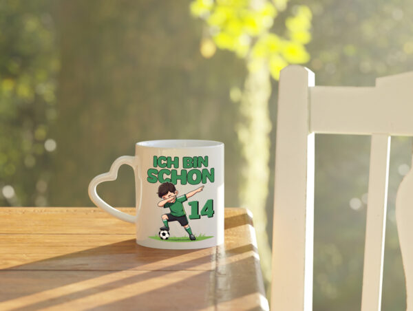 14. Geburtstag | 14 Jahre | Fußballer - Herzhenkel Tasse - Kaffeetasse / Geschenk / Familie