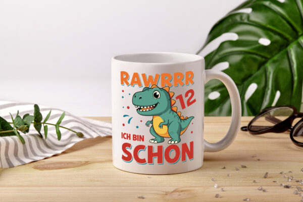 12. Geburtstag | 12 Jahre | Raw Raw ich bin schon 12 | T-Rex - Tasse Weiss - Kaffeetasse / Geschenk / Familie