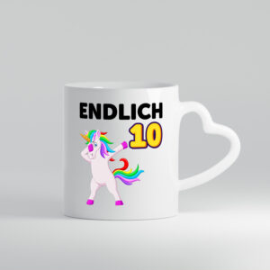 10. Geburtstag | endlich 10 | 10 Jahre | Einhorn | Mädchen - Herzhenkel Tasse - Kaffeetasse / Geschenk / Familie