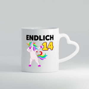 14. Geburtstag | endlich 14 | 14 Jahre | Einhorn | Mädchen - Herzhenkel Tasse - Kaffeetasse / Geschenk / Familie