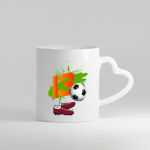 13. Geburtstag | Jungen Fußball | Fußballspieler - Herzhenkel Tasse - Kaffeetasse / Geschenk / Familie