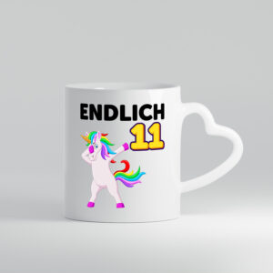 11. Geburtstag | endlich 11 | 11 Jahre | Einhorn | Mädchen - Herzhenkel Tasse - Kaffeetasse / Geschenk / Familie