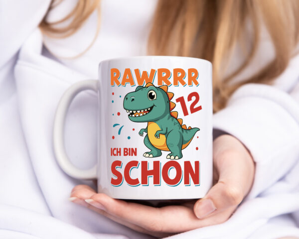 12. Geburtstag | 12 Jahre | Raw Raw ich bin schon 12 | T-Rex - Tasse Weiss - Kaffeetasse / Geschenk / Familie