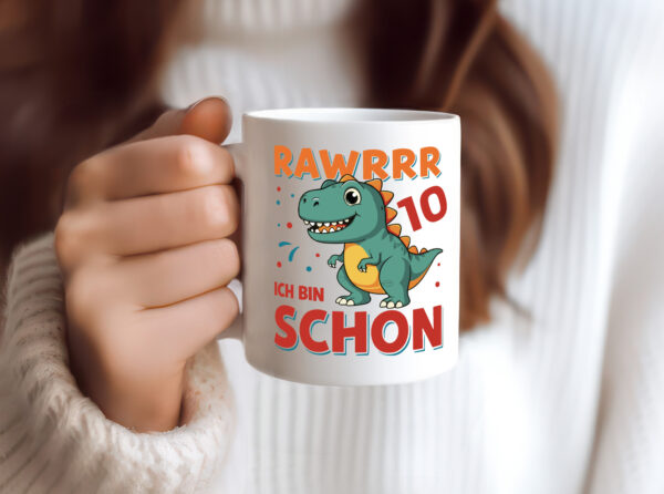 10. Geburtstag | 10 Jahre | Raw Raw ich bin schon 10 | T-Rex - Tasse Weiss - Kaffeetasse / Geschenk / Familie