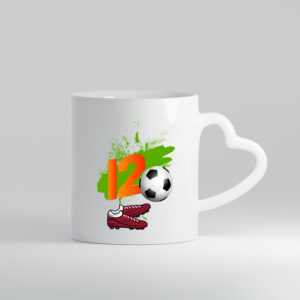 12. Geburtstag | Jungen Fußball | Fußballspieler - Herzhenkel Tasse - Kaffeetasse / Geschenk / Familie