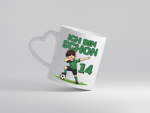 14. Geburtstag | 14 Jahre | Fußballer - Herzhenkel Tasse - Kaffeetasse / Geschenk / Familie