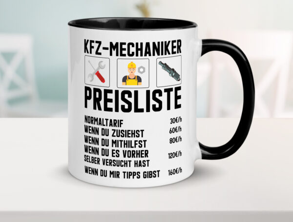 KFZ Mechaniker Preisliste | Werkstatt | Automechaniker Farbige Tasse - Kaffeetasse / Geschenk / Familie