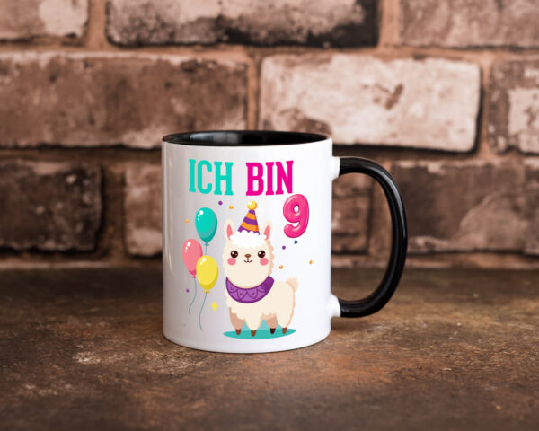 9. Geburtstag | 9 Jahre | Lama | Alpaka Farbige Tasse - Kaffeetasse / Geschenk / Familie