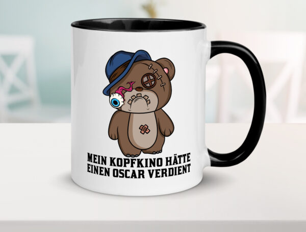 Mein Kopfkino hätte Oscar verdient | kaputter Bär | Comic Farbige Tasse - Kaffeetasse / Geschenk / Familie