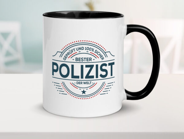 Geprüft und sicher: Polizist | Polizei Farbige Tasse - Kaffeetasse / Geschenk / Familie