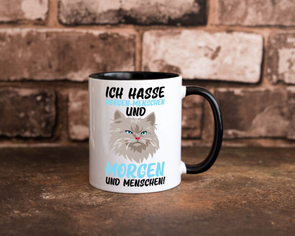 Ich hasse Morgenmenschen | Morgenmuffel | mürrische Katze Farbige Tasse - Kaffeetasse / Geschenk / Familie