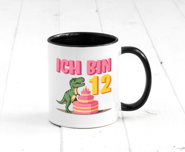 12 Geburtstag | 12 Jahre | Dinosaurier mit Kuchen Farbige Tasse - Kaffeetasse / Geschenk / Familie