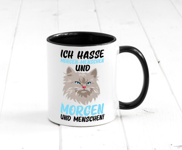 Ich hasse Morgenmenschen | Morgenmuffel | mürrische Katze Farbige Tasse - Kaffeetasse / Geschenk / Familie