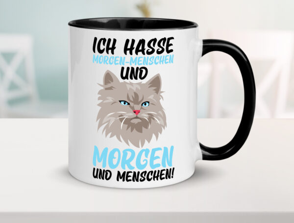 Ich hasse Morgenmenschen | Morgenmuffel | mürrische Katze Farbige Tasse - Kaffeetasse / Geschenk / Familie