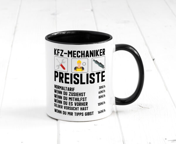 KFZ Mechaniker Preisliste | Werkstatt | Automechaniker Farbige Tasse - Kaffeetasse / Geschenk / Familie