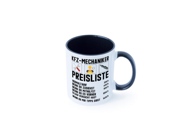 KFZ Mechaniker Preisliste | Werkstatt | Automechaniker Farbige Tasse - Kaffeetasse / Geschenk / Familie