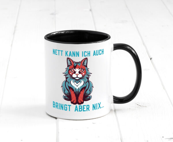 Nett kann ich auch | Katze im Kapuzenpulli | Spruch Farbige Tasse - Kaffeetasse / Geschenk / Familie