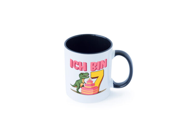 7 Geburtstag | 7 Jahre | Dinosaurier mit Kuchen Farbige Tasse - Kaffeetasse / Geschenk / Familie