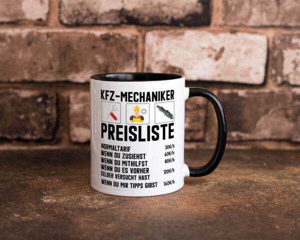 KFZ Mechaniker Preisliste | Werkstatt | Automechaniker Farbige Tasse - Kaffeetasse / Geschenk / Familie