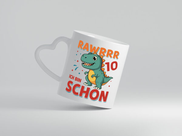 10. Geburtstag | 10 Jahre | Raw Raw ich bin schon 10 | T-Rex - Herzhenkel Tasse - Kaffeetasse / Geschenk / Familie