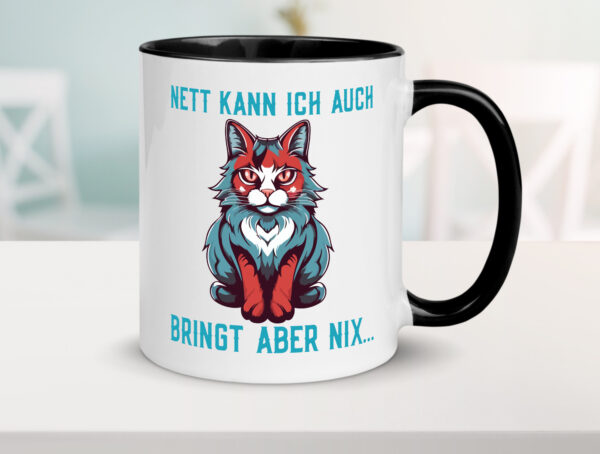 Nett kann ich auch | Katze im Kapuzenpulli | Spruch Farbige Tasse - Kaffeetasse / Geschenk / Familie