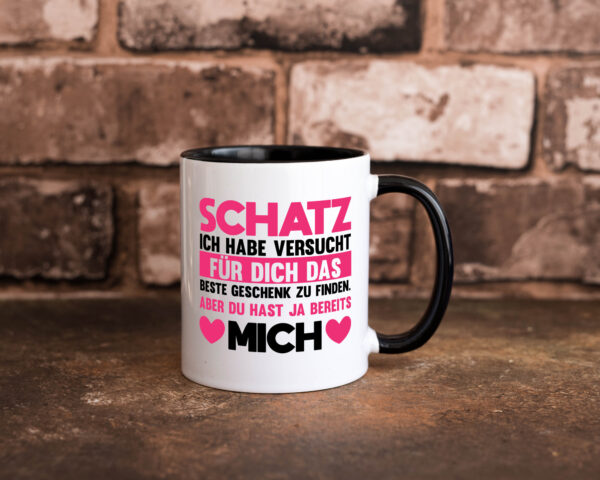 Schatz ich hab das beste Geschenk | du hast ja mich Farbige Tasse - Kaffeetasse / Geschenk / Familie